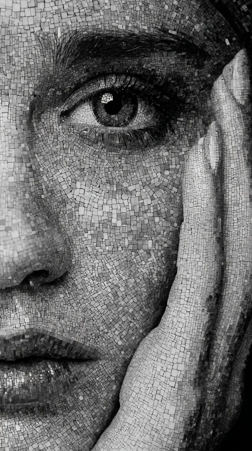 Black and white mosaic close up of a woman face