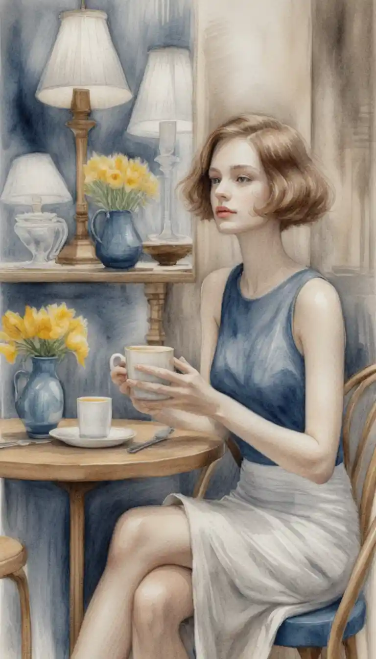 Junge Frau mit Kaffee in einem Vintage-Café Zeichnung