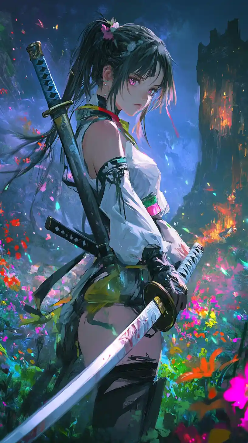 Anime girl in battle stance holding two contrasting swords
