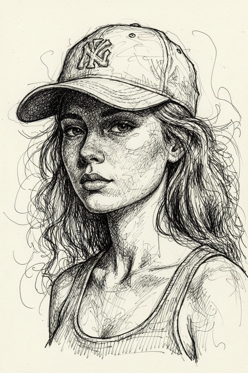 Scribbled ink close up portrait of a young woman