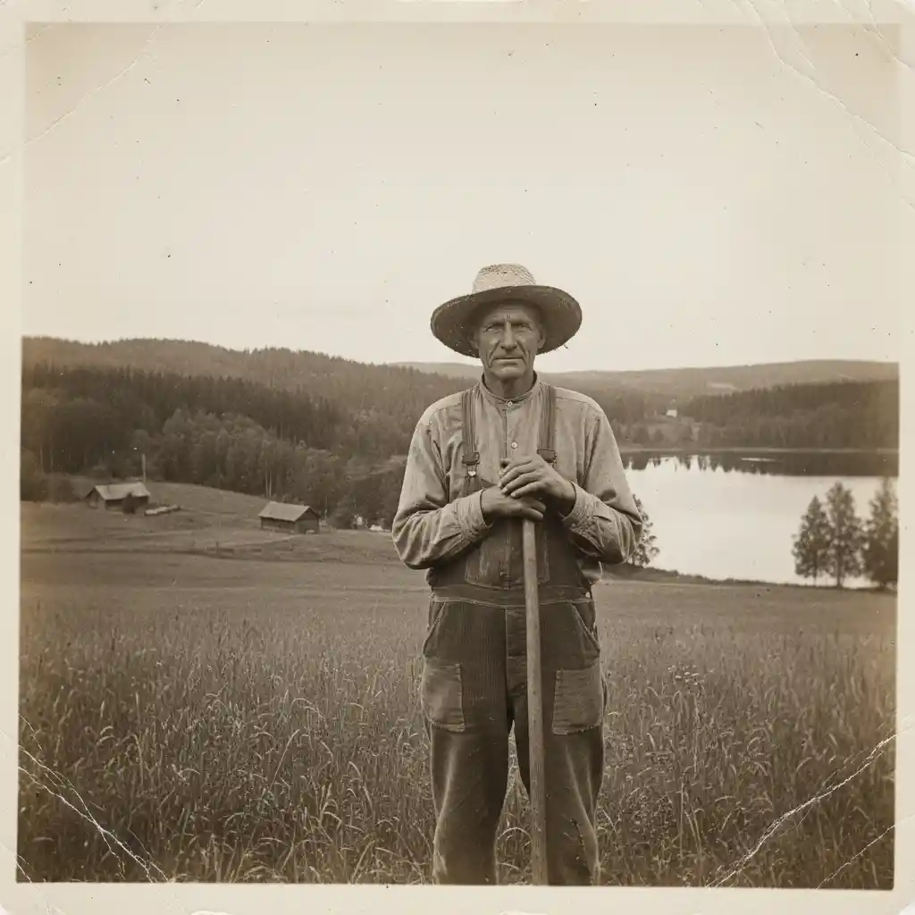 Rugged Swedish farmer in a lush summer countryside