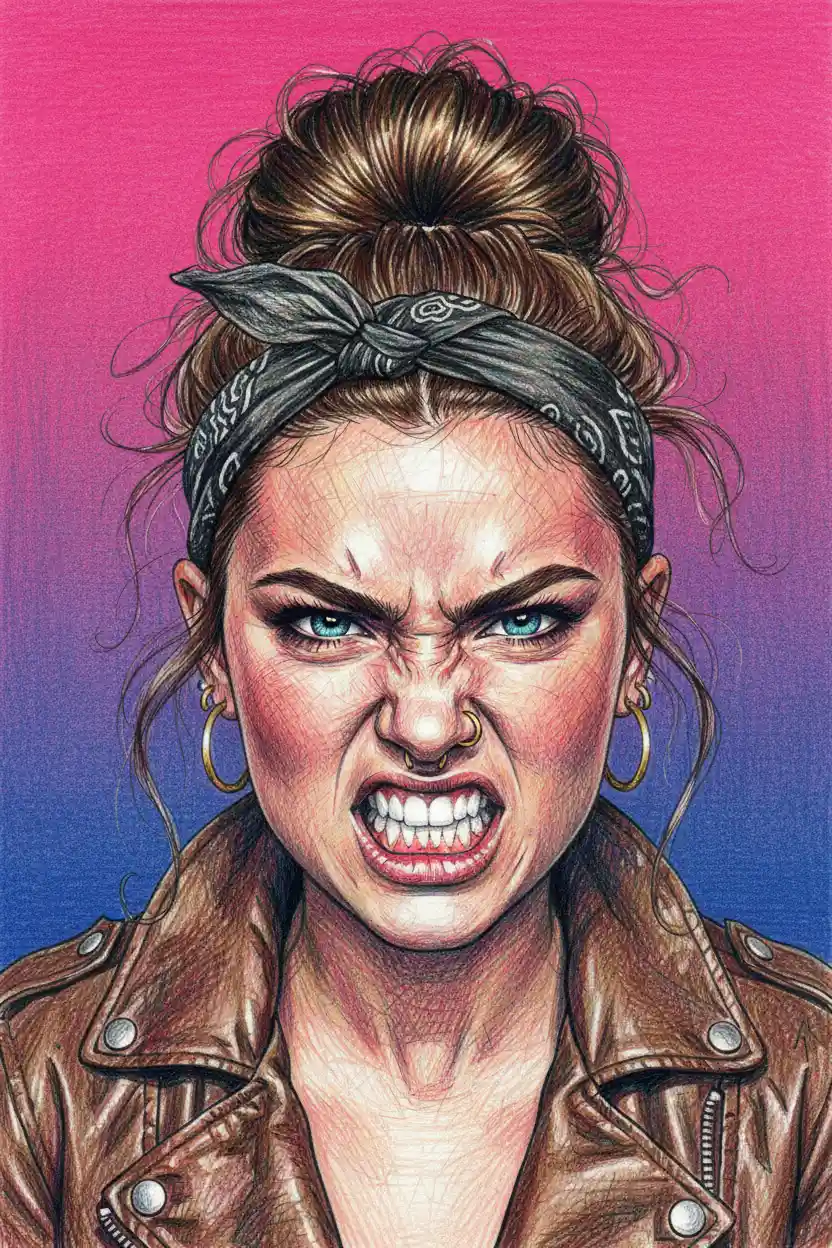 Angry young woman snarling in vivid cross hatched portrait