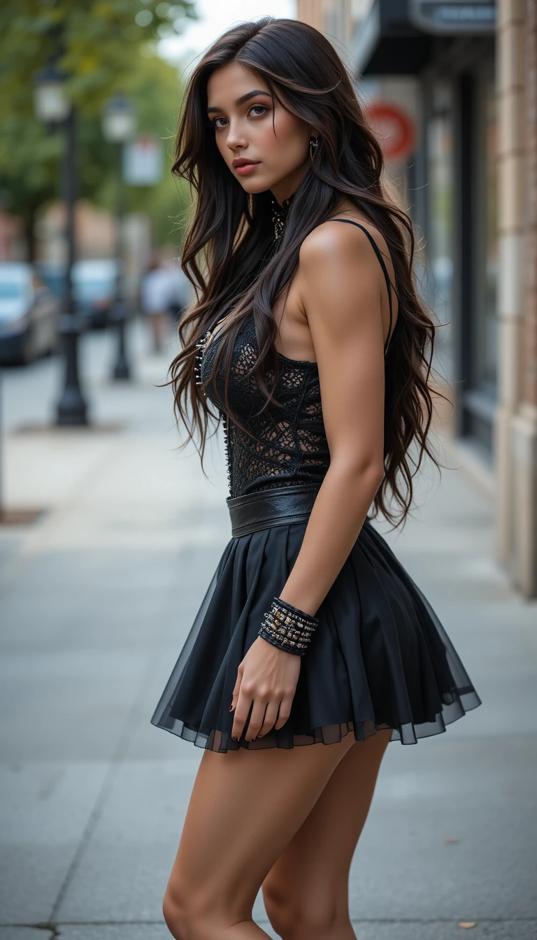Young brunette woman walking along an urban sidewalk