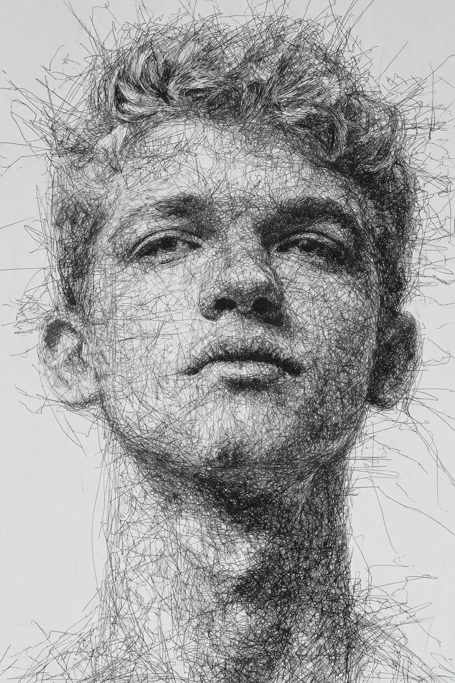 Androgynous pen portrait with yellow tinted glasses