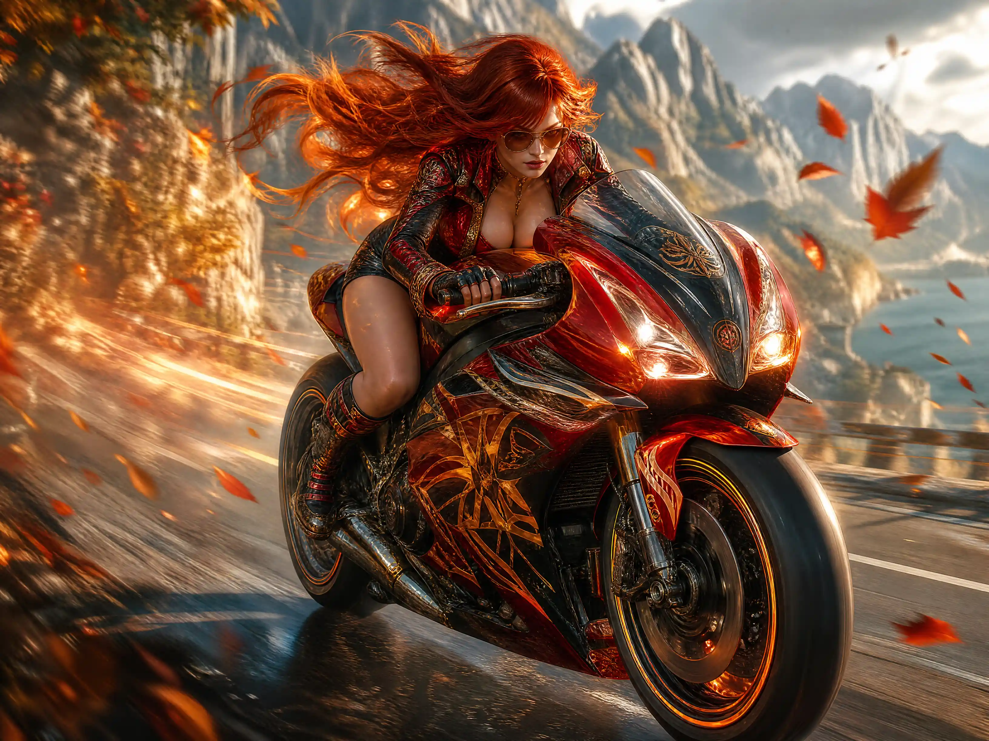 Red haired biker woman racing forward on a powerful motorcycle