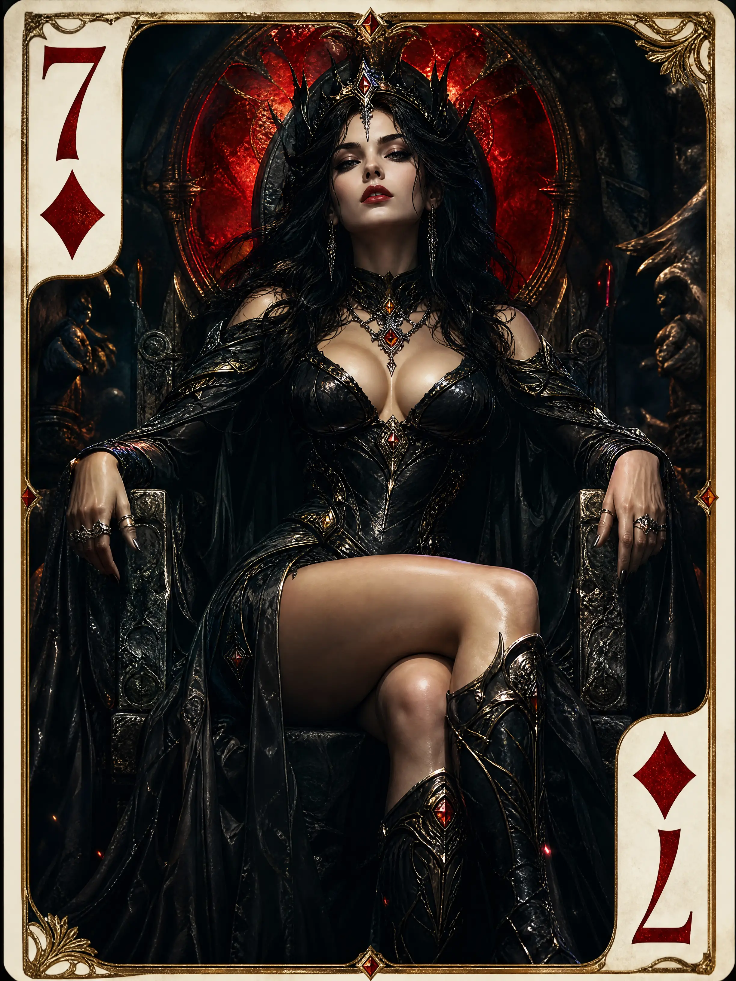 Gothic fantasy goddess framed within seven of diamonds card