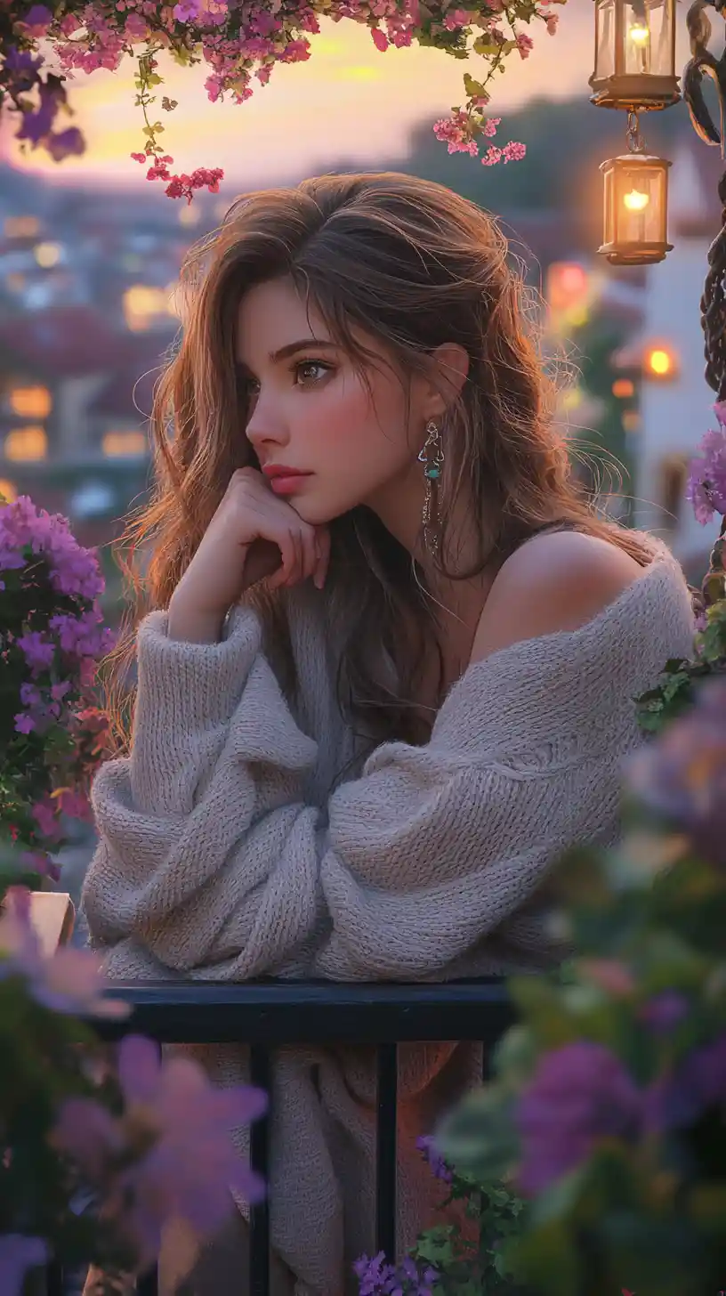 Dreamy anime girl on floral balcony at sunset