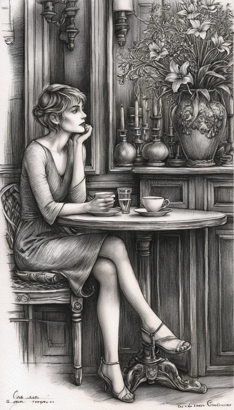 Young woman with coffee in an elegant graphite cafe scene