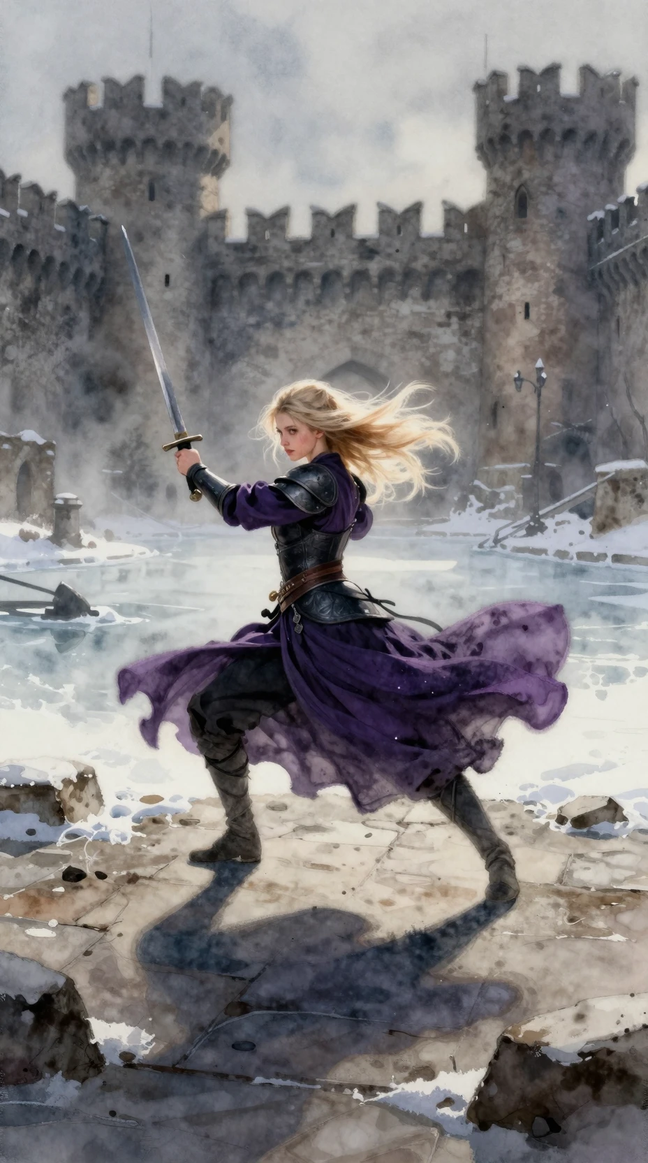 Young female warrior lunging in a snowy castle courtyard