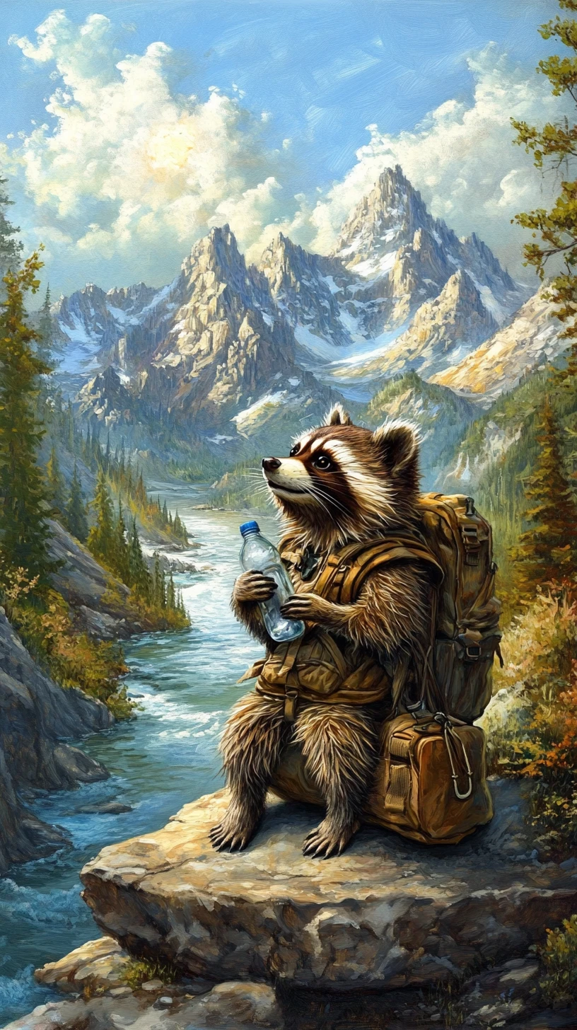 Happy raccoon tourist walking by a sunny mountain river