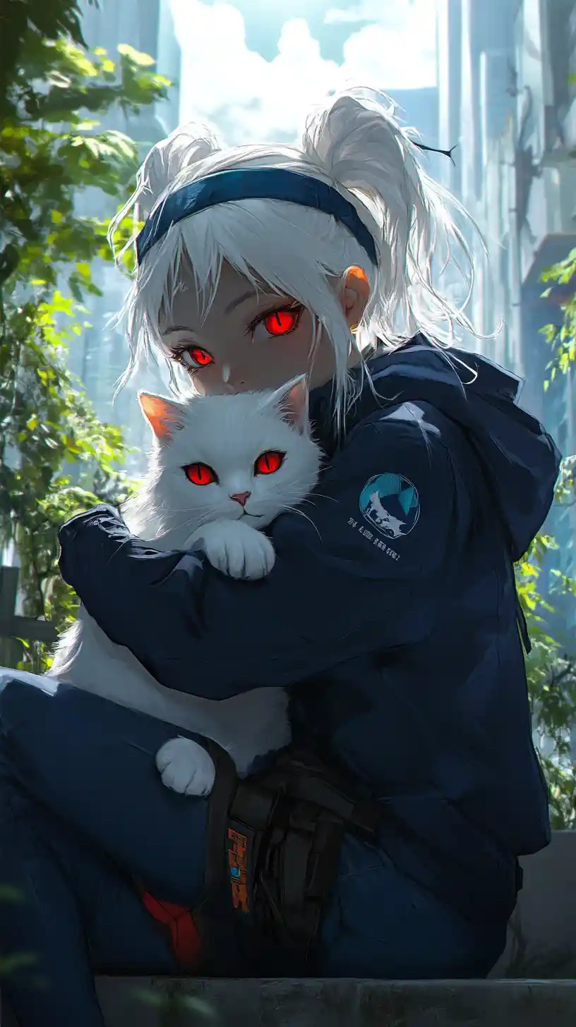 Fröhliches Anime-Mädchen umarmt eine weiße Katze in grüner Stadt