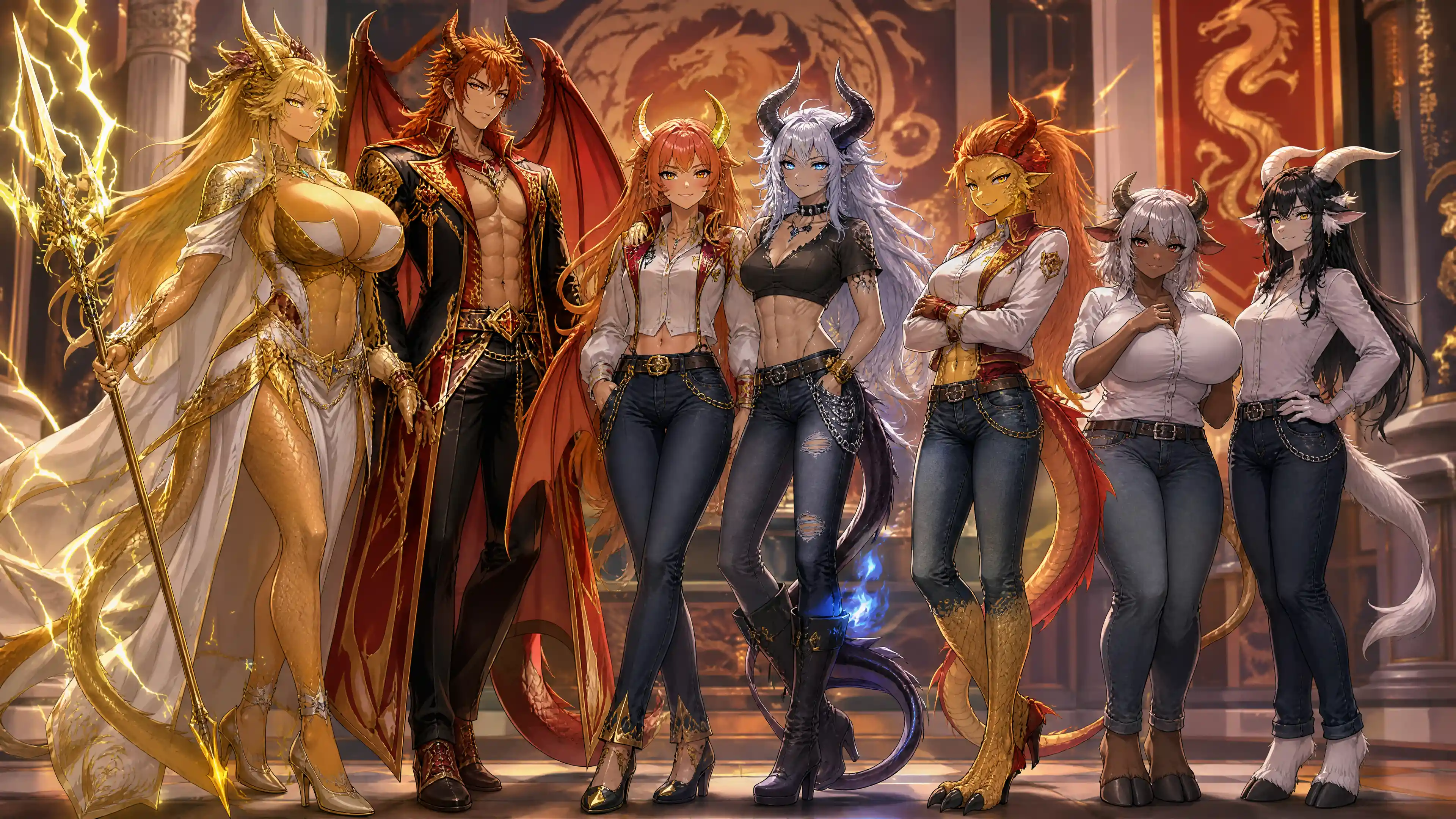 Regal dragon queen with golden hair and lightning aura