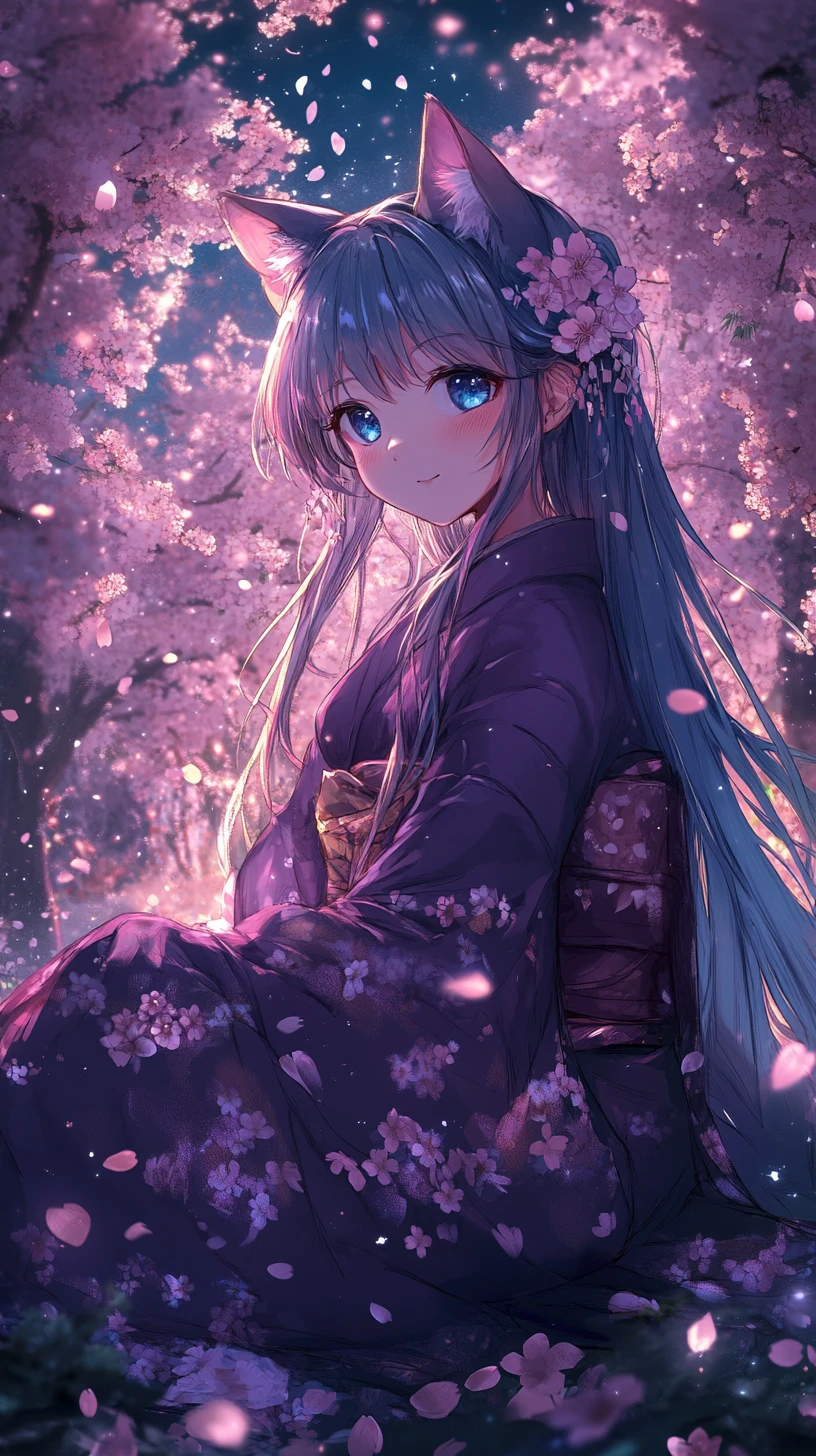 Anime girl in kimono under cherry blossoms at night