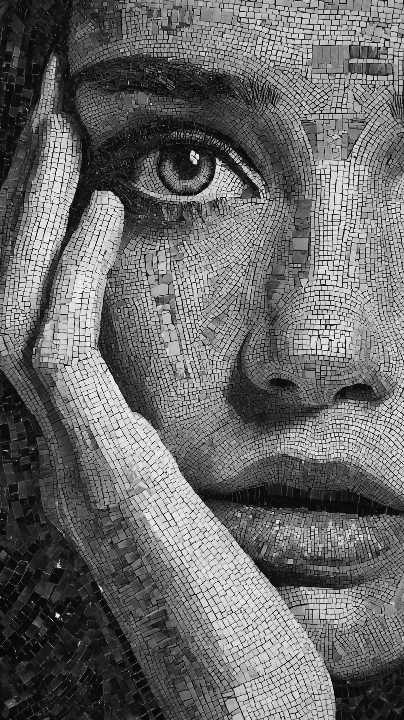 Black and white mosaic close up of a woman face