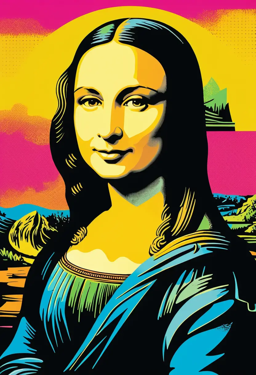 Vibrant pop art portrait of the Mona Lisa in neon colors