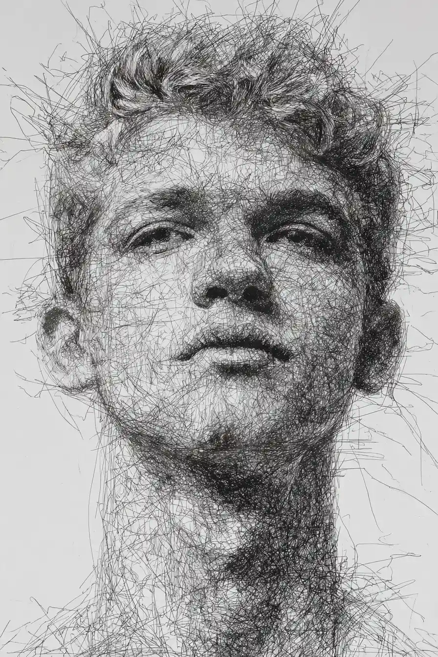 Androgynous pen portrait with yellow tinted glasses