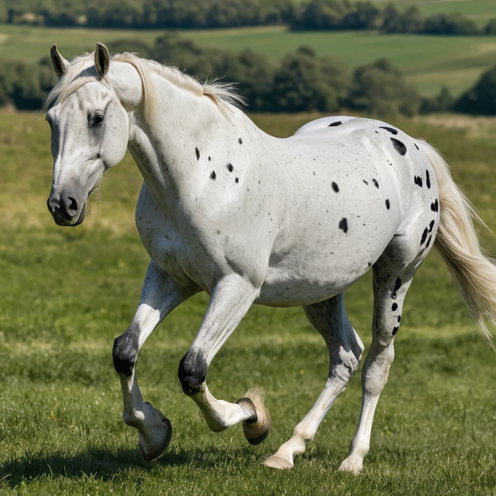 White spotted horse trotting across a sunny grassy field