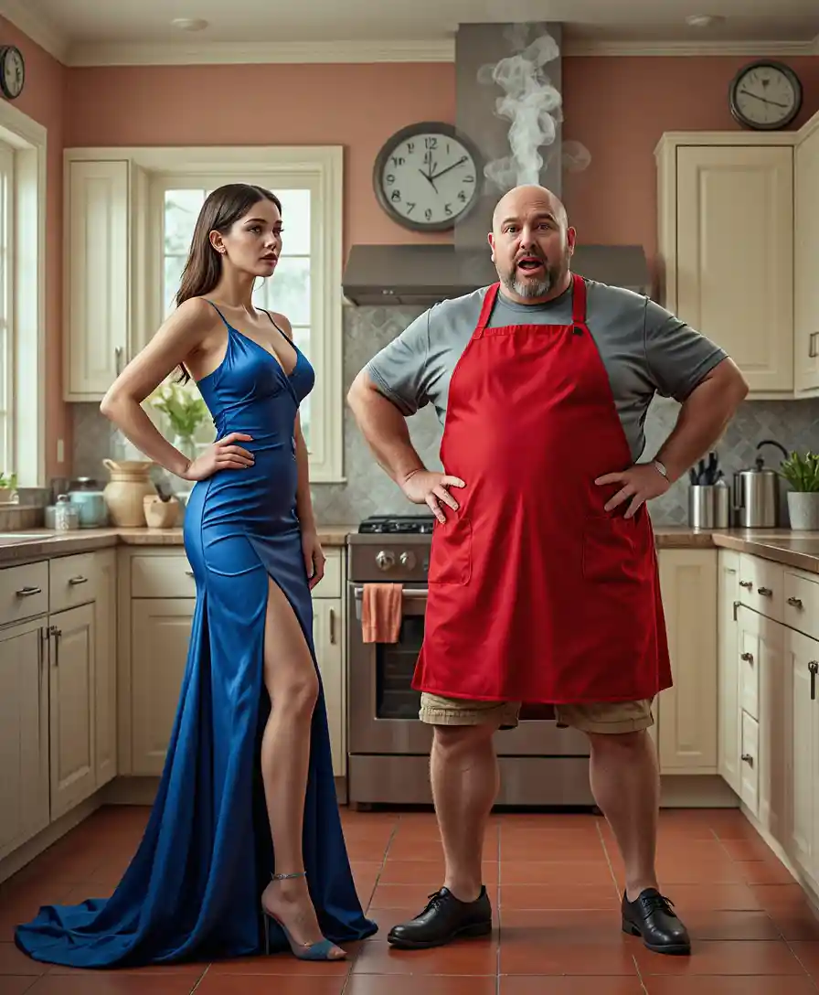 Elegant woman and astonished cook in bright kitchen scene
