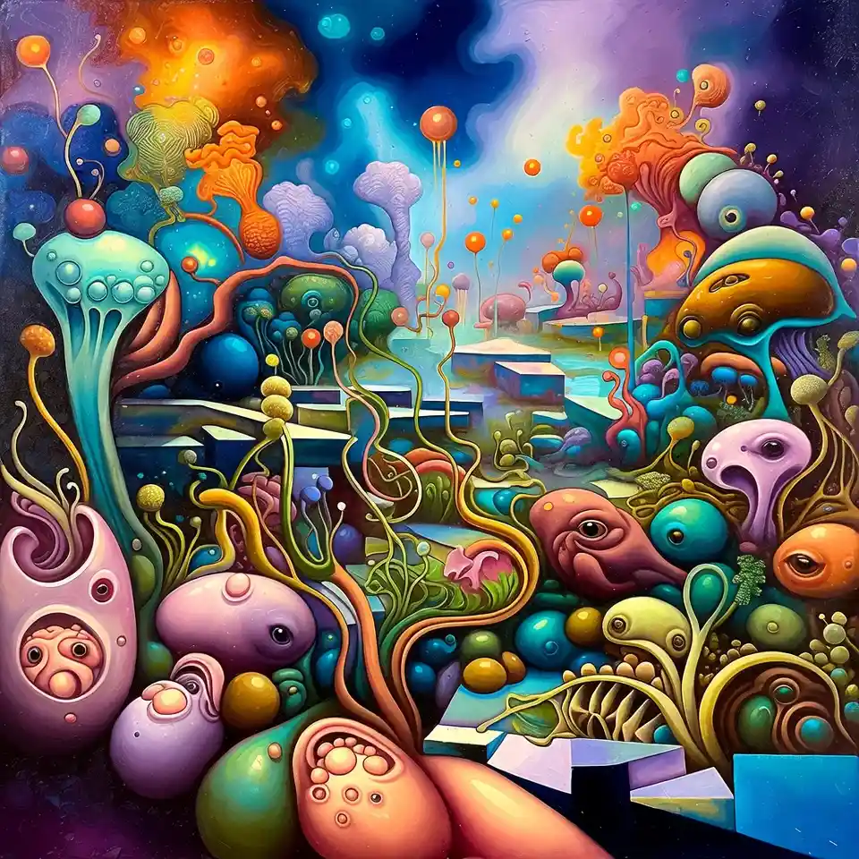 Surreal Oil Painting Of Hybrid Creatures In A Fantasy World