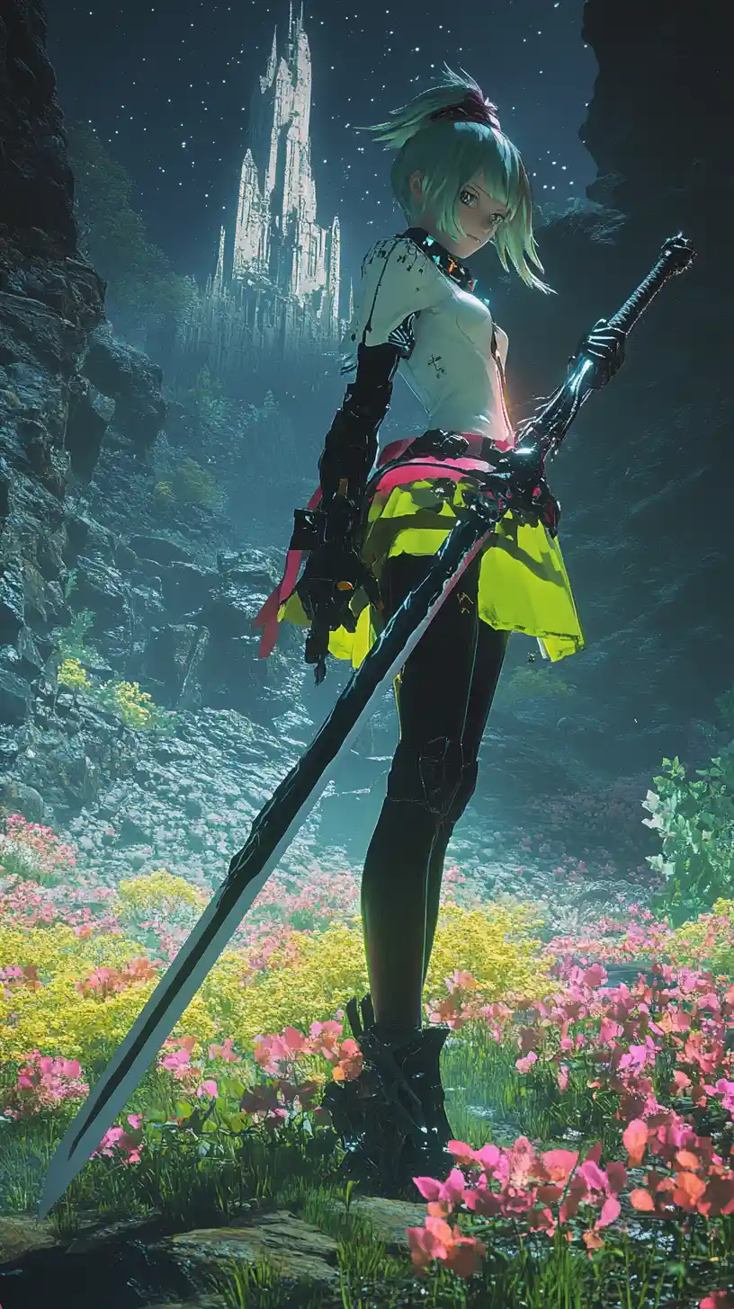 Anime girl in battle stance holding two detailed swords
