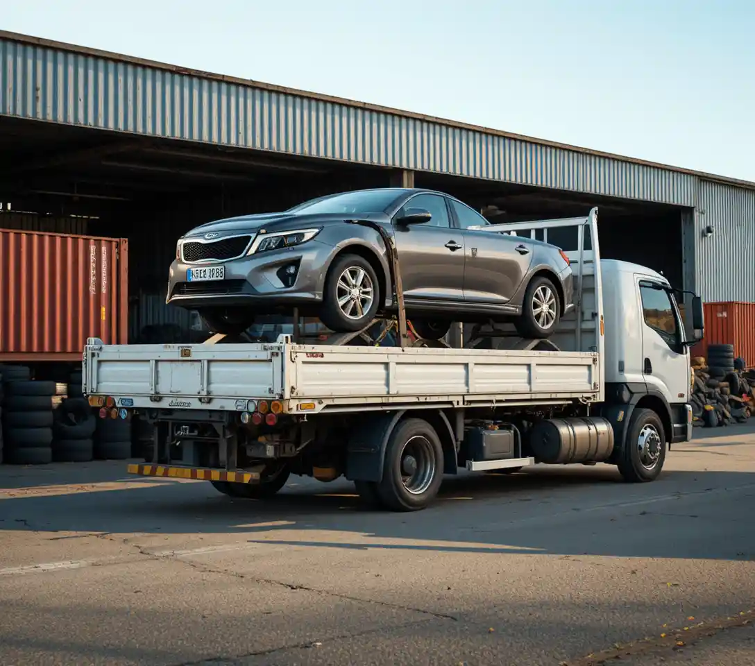 White truck carrying stacked cars in an industrial yard