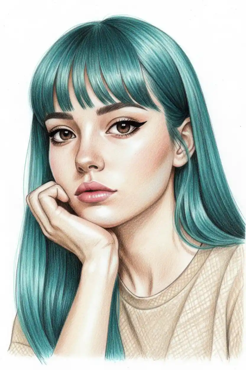 Melancholic girl with teal hair in color pencil portrait