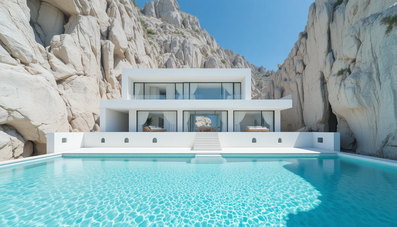 Modern villa with infinity pool in white limestone canyon