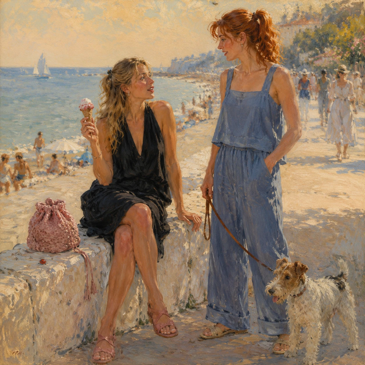 Two women talking by a white wall on the beach