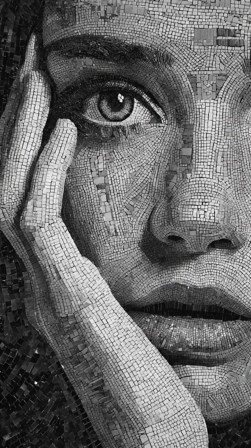 Black and white mosaic close up of a woman face