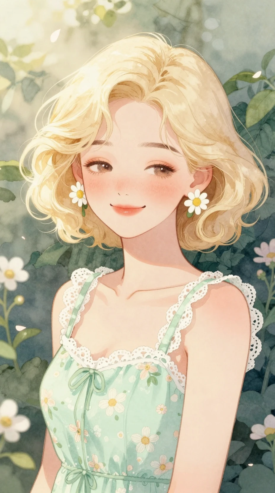 Watercolor portrait of a shy blonde girl in floral dress