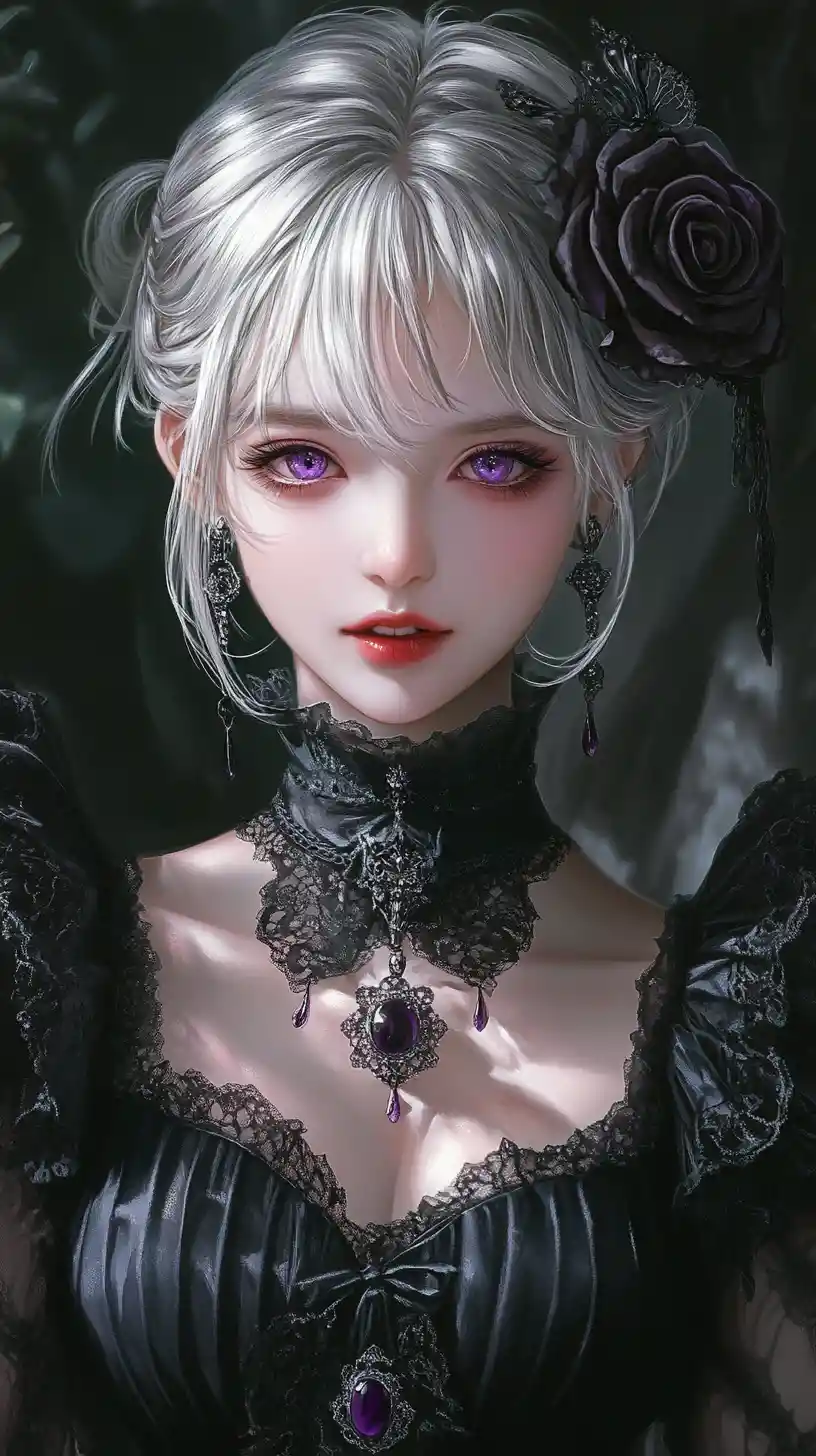 Vampire anime girl in gothic victorian lace gown