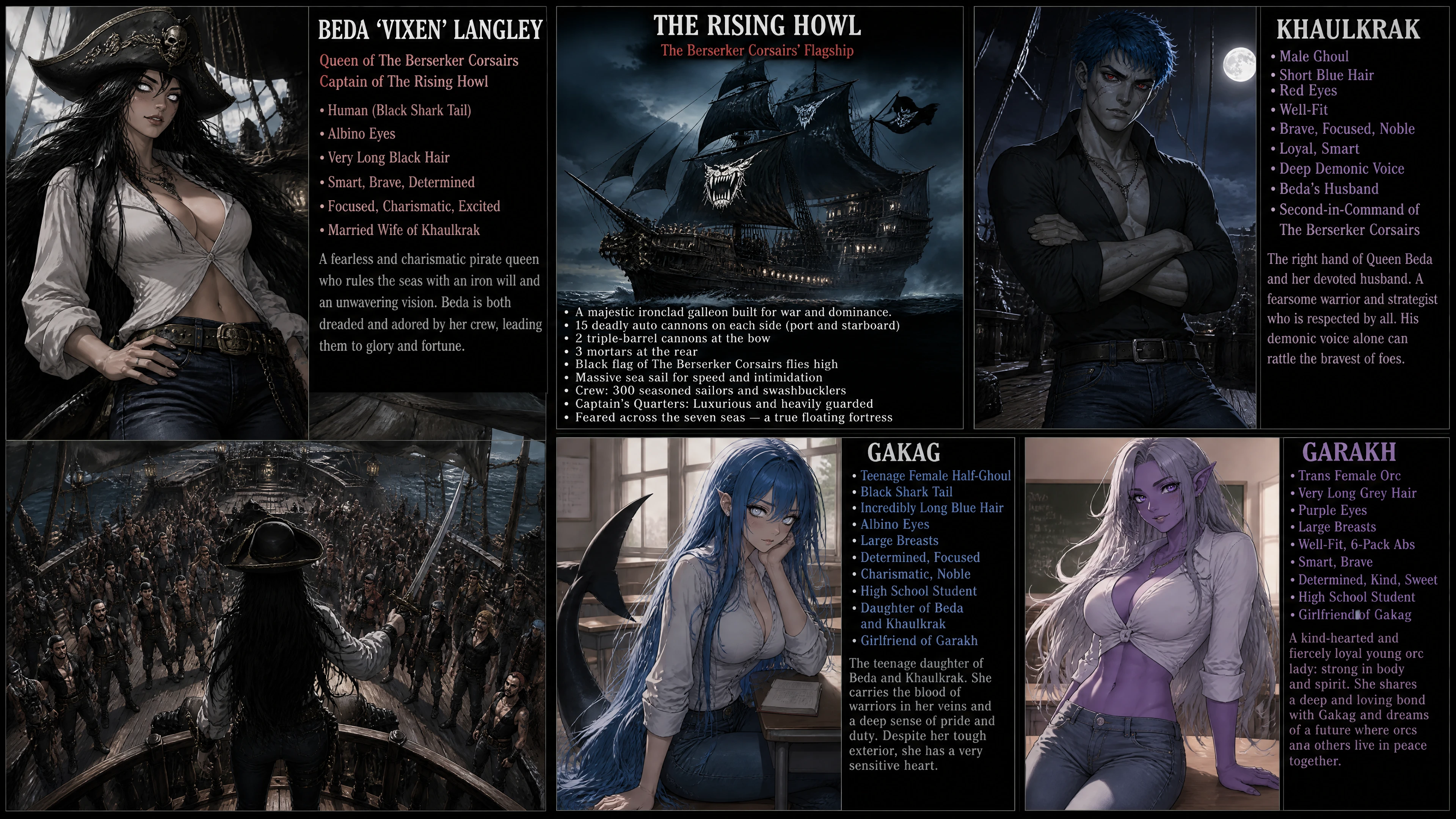 Pirate queen with black shark tail on armored corsair ship