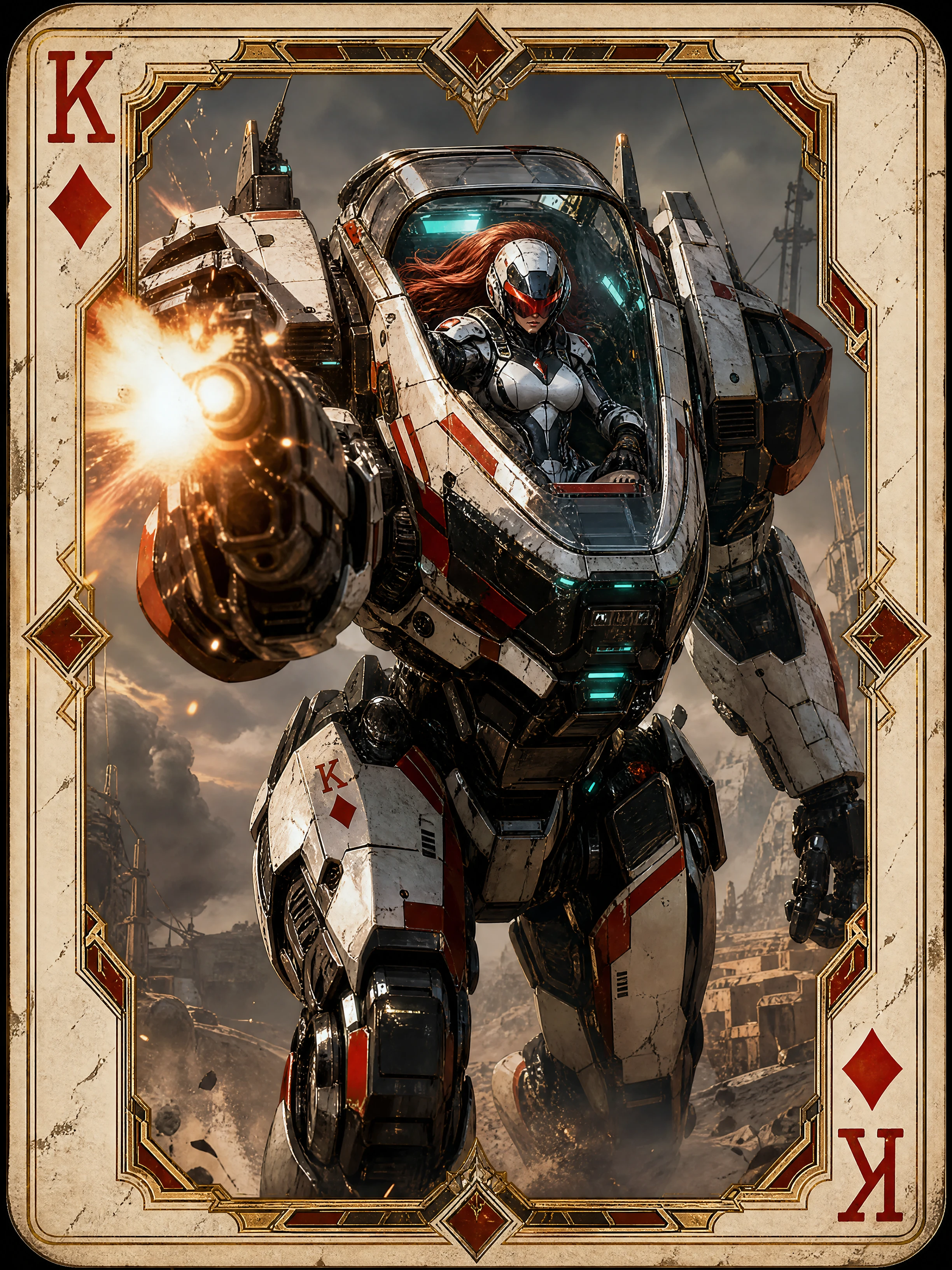 Sci fi mech pilot in a glass cockpit firing forward