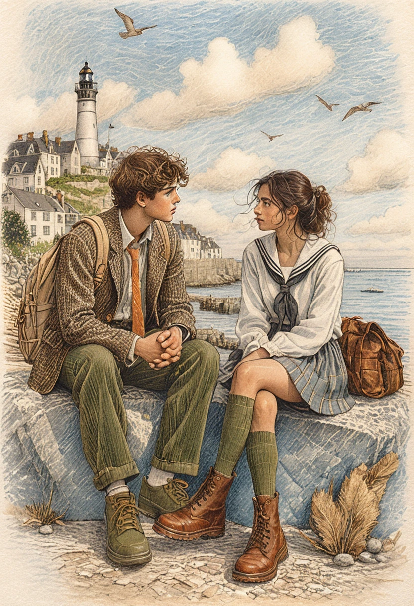Teenage couple talking on a seaside rock illustration