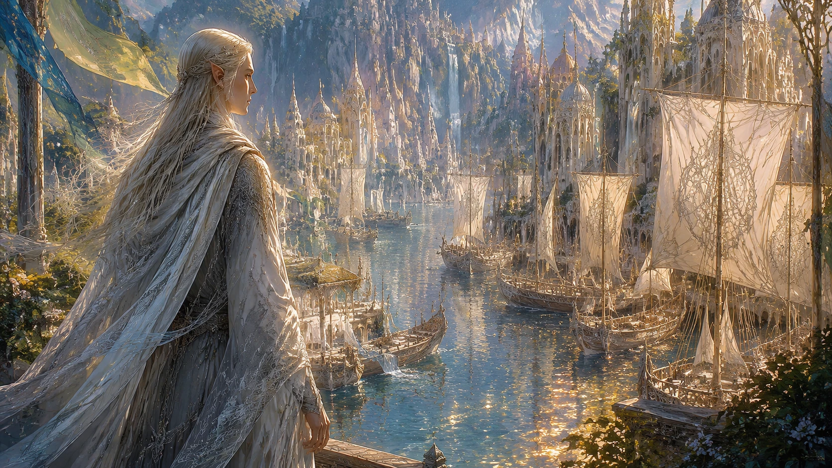 Elegant elf overlooking a mystical elven harbor bay