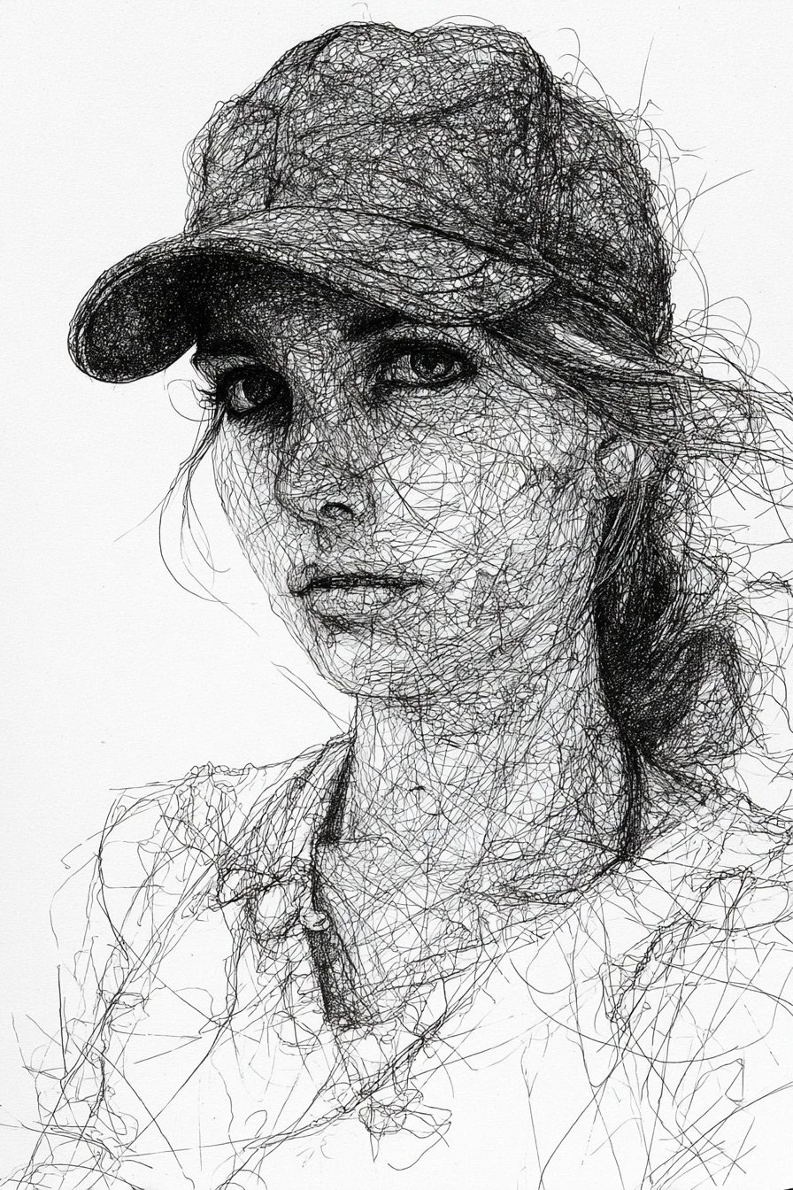Monochrome ink scribble portrait of a young woman in cap