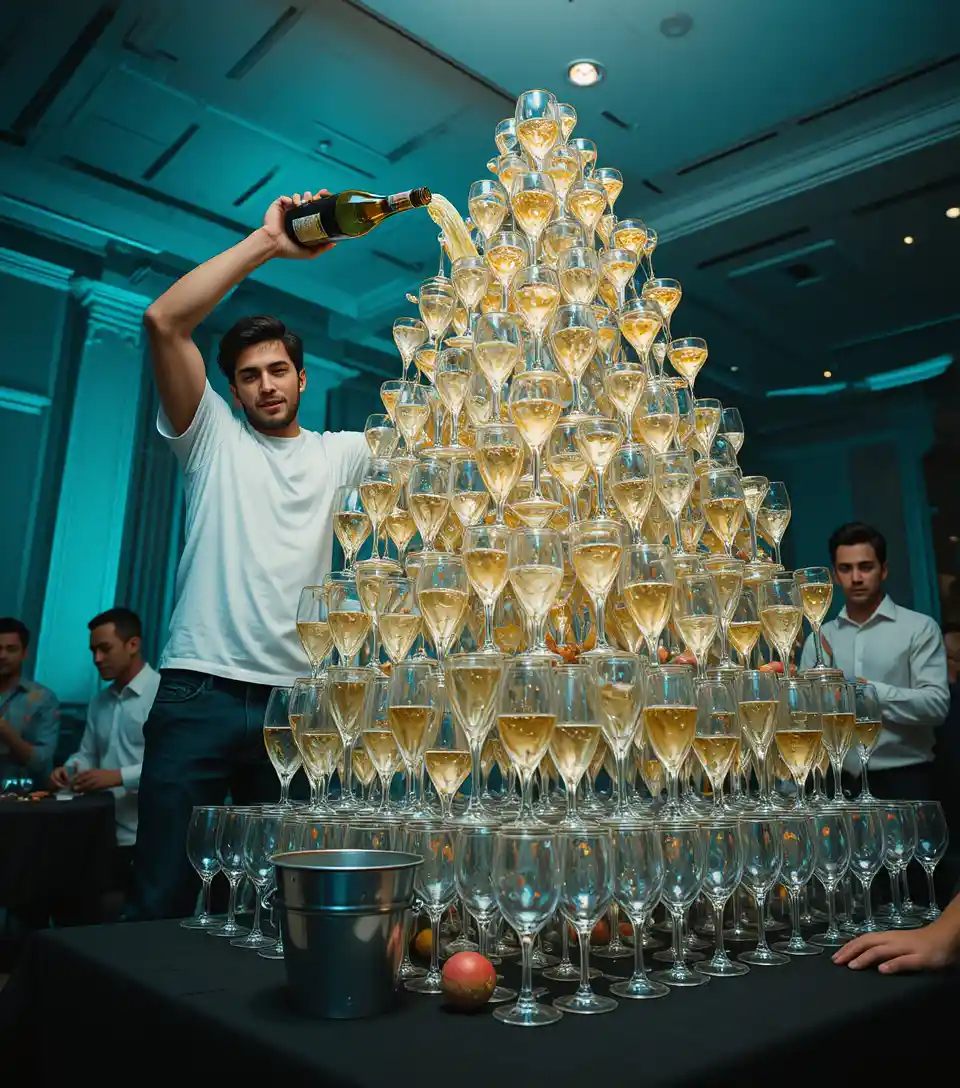 Man pouring champagne into a tall glass pyramid