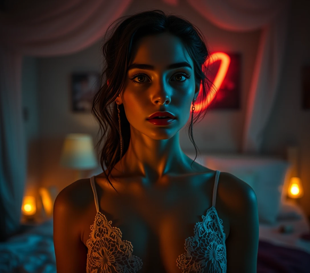 Ethereal woman in a surreal bedroom with frozen time