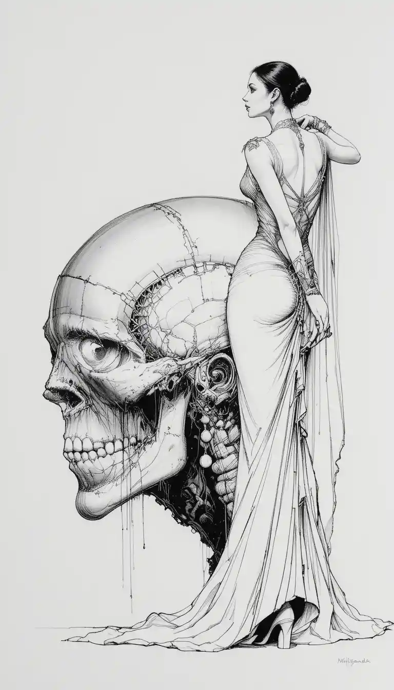 Ink drawing of a skull and a tall elegant woman