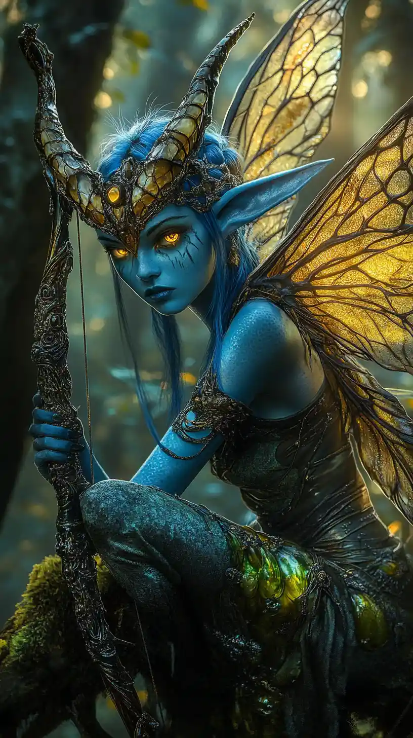 Blue archer fairy perched on a mossy forest branch