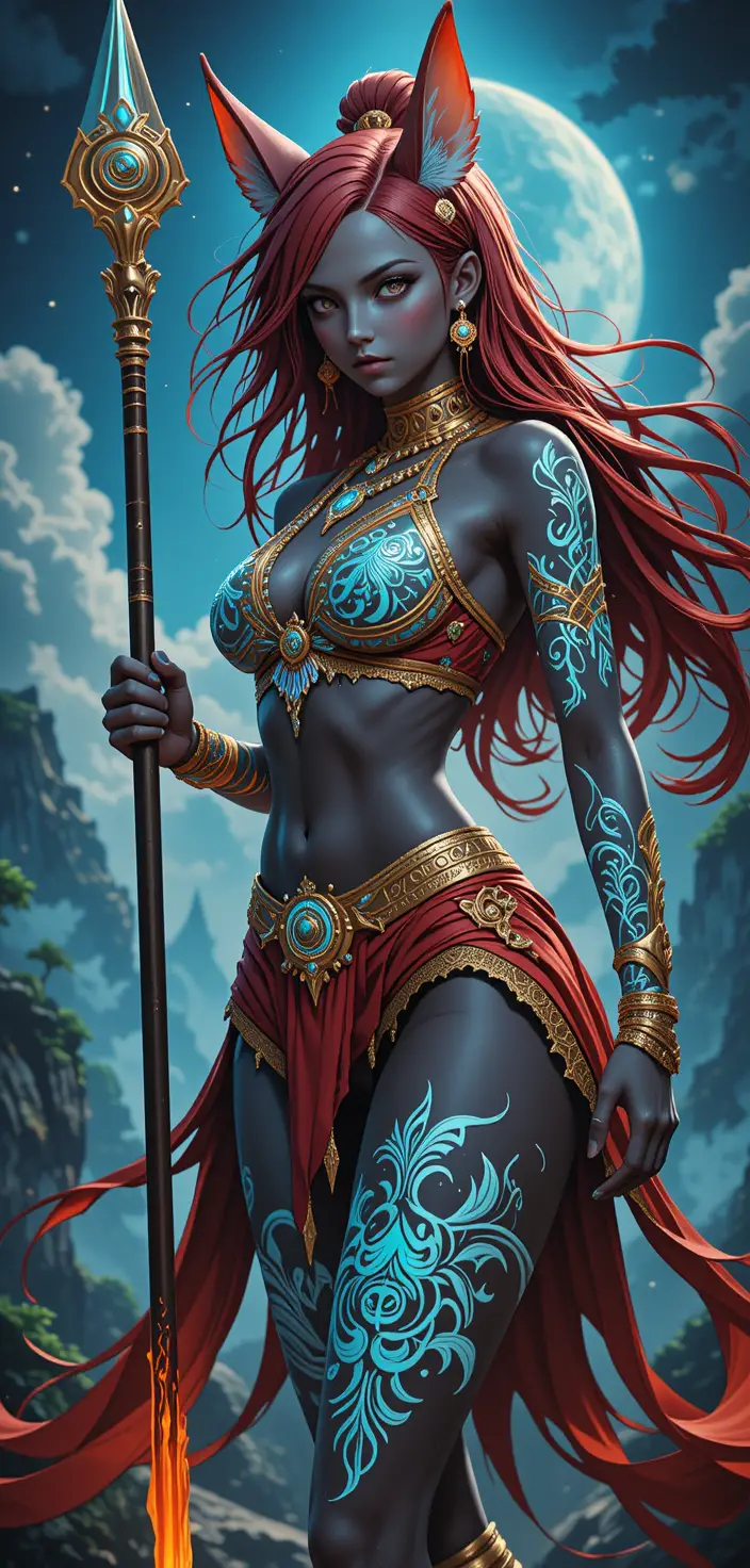Anime warrior woman in glowing battle stance on island