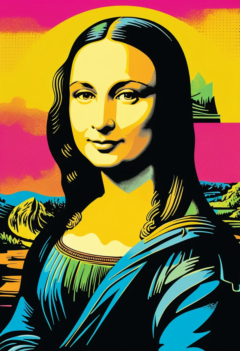 Vibrant pop art portrait of the Mona Lisa in neon colors