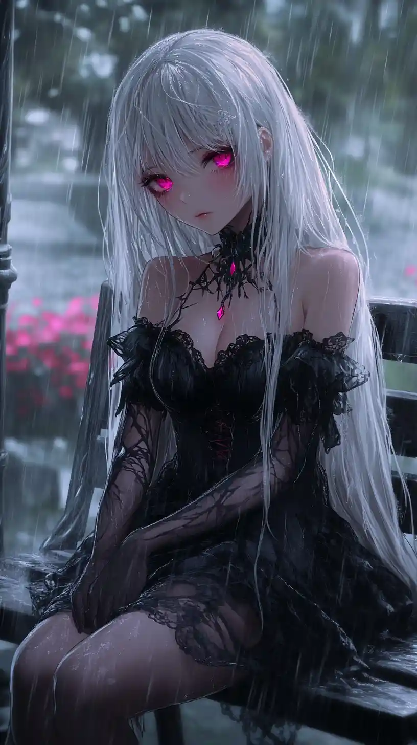 Anime girl on a rainy park bench with glowing magenta eyes