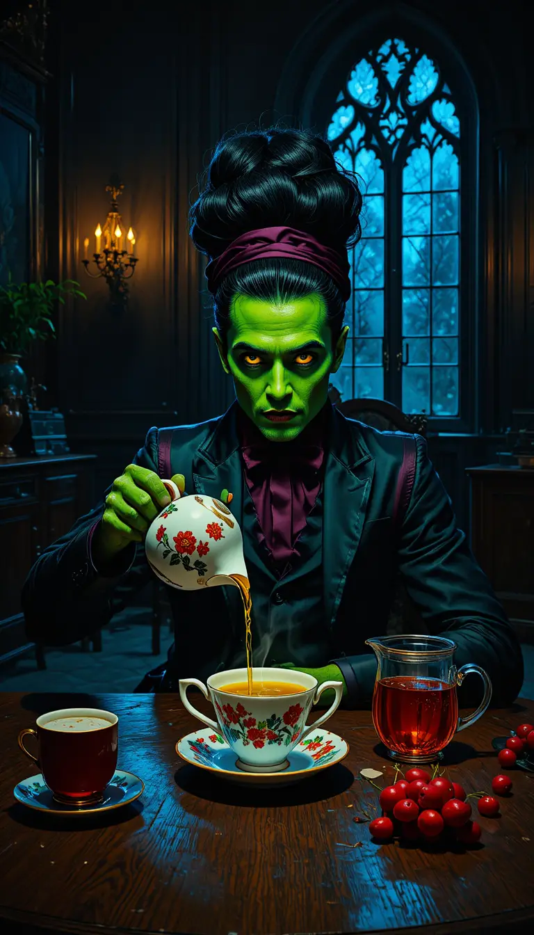 Green anthropomorphic host pouring tea in gothic victorian room