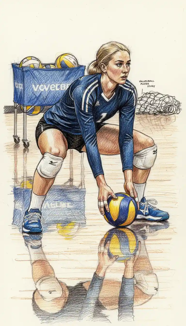 Technical drawing of volleyball player in low defensive squat