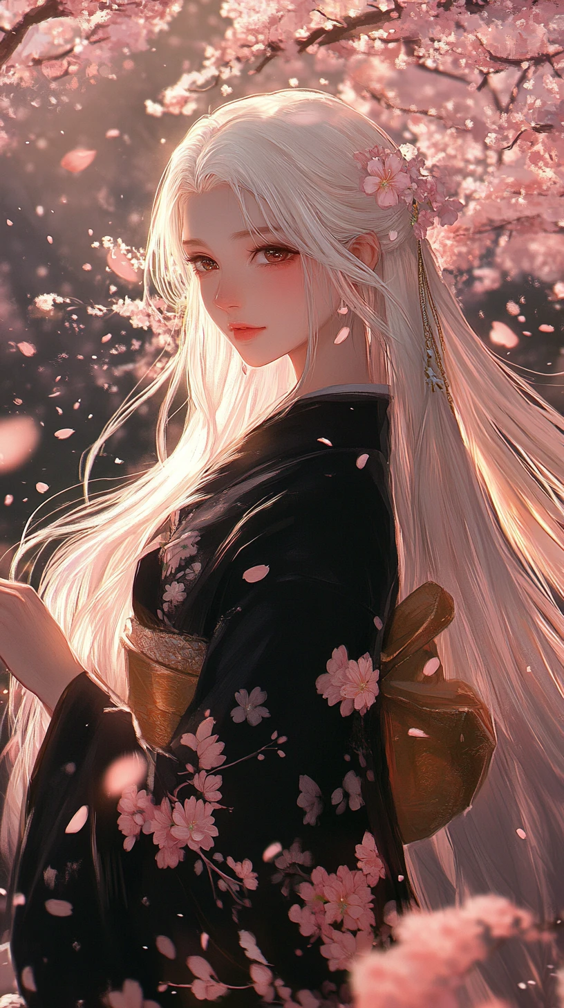 Anime girl in black kimono under cherry blossoms