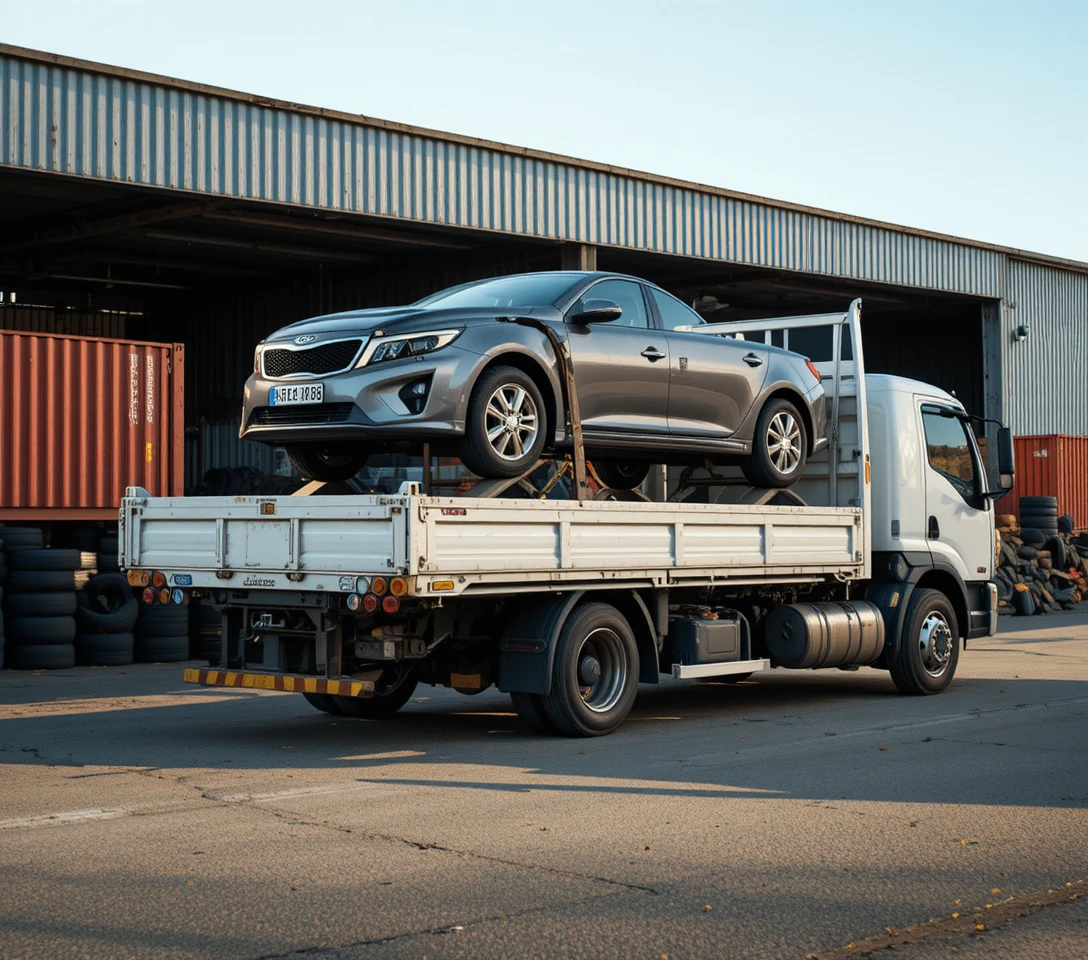 White truck carrying stacked cars in an industrial yard