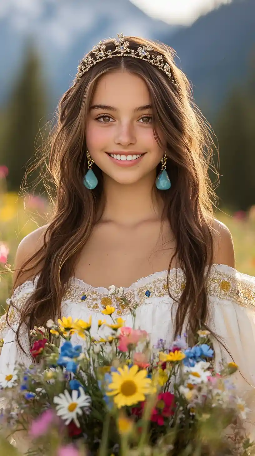 Smiling young woman in white gown in alpine flower meadow