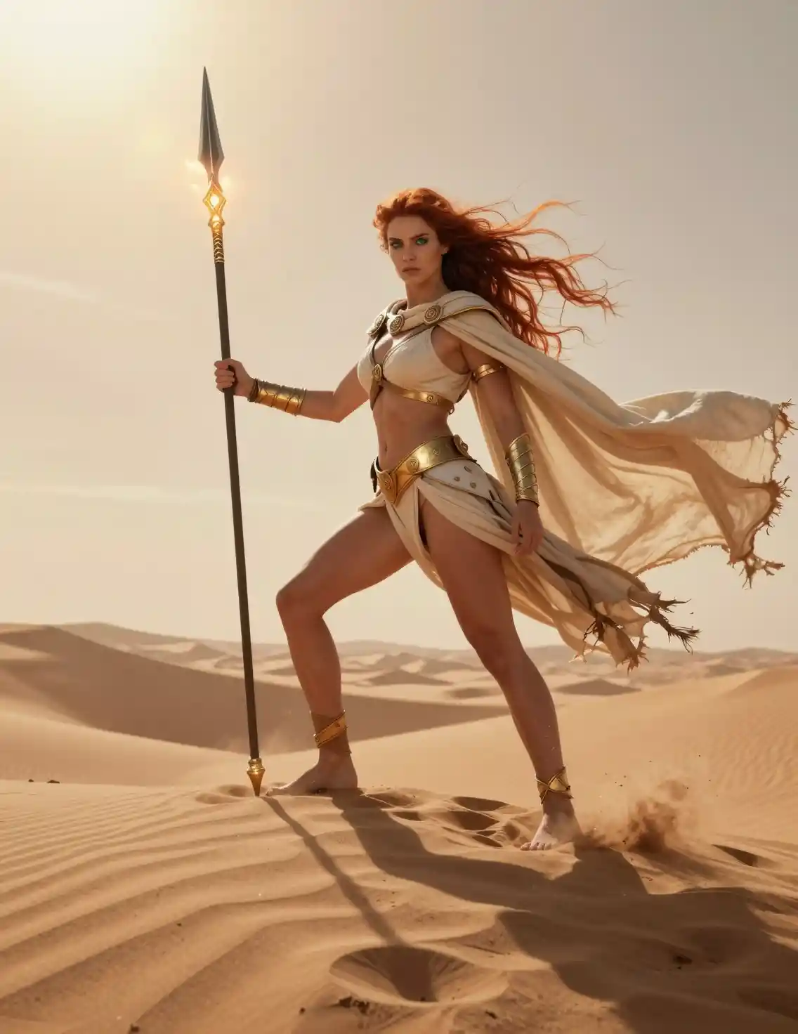 Fierce warrior woman on a sunlit desert dune