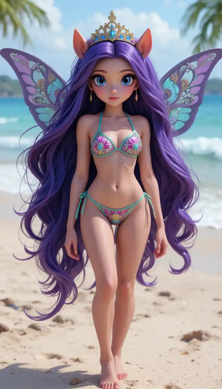 Anime beach woman in a tiny bikini full body view